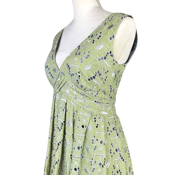 eShakti Sage Green Embroidered Eyelet Floral Fit & Flare Sleeveless Pleat Dress - Picture 5 of 13
